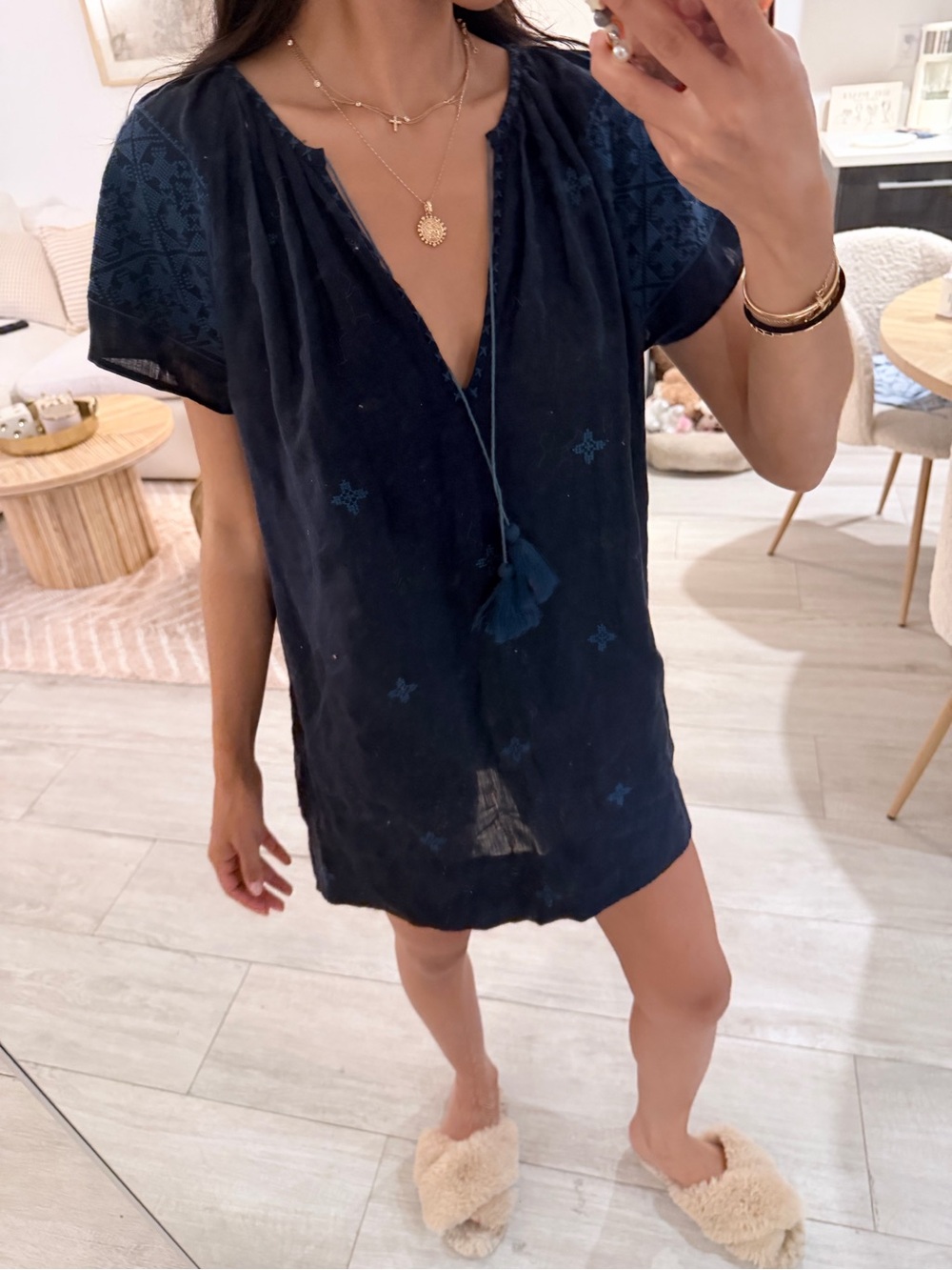 Nili Lotan Navy Embroidered Tassel Tunic